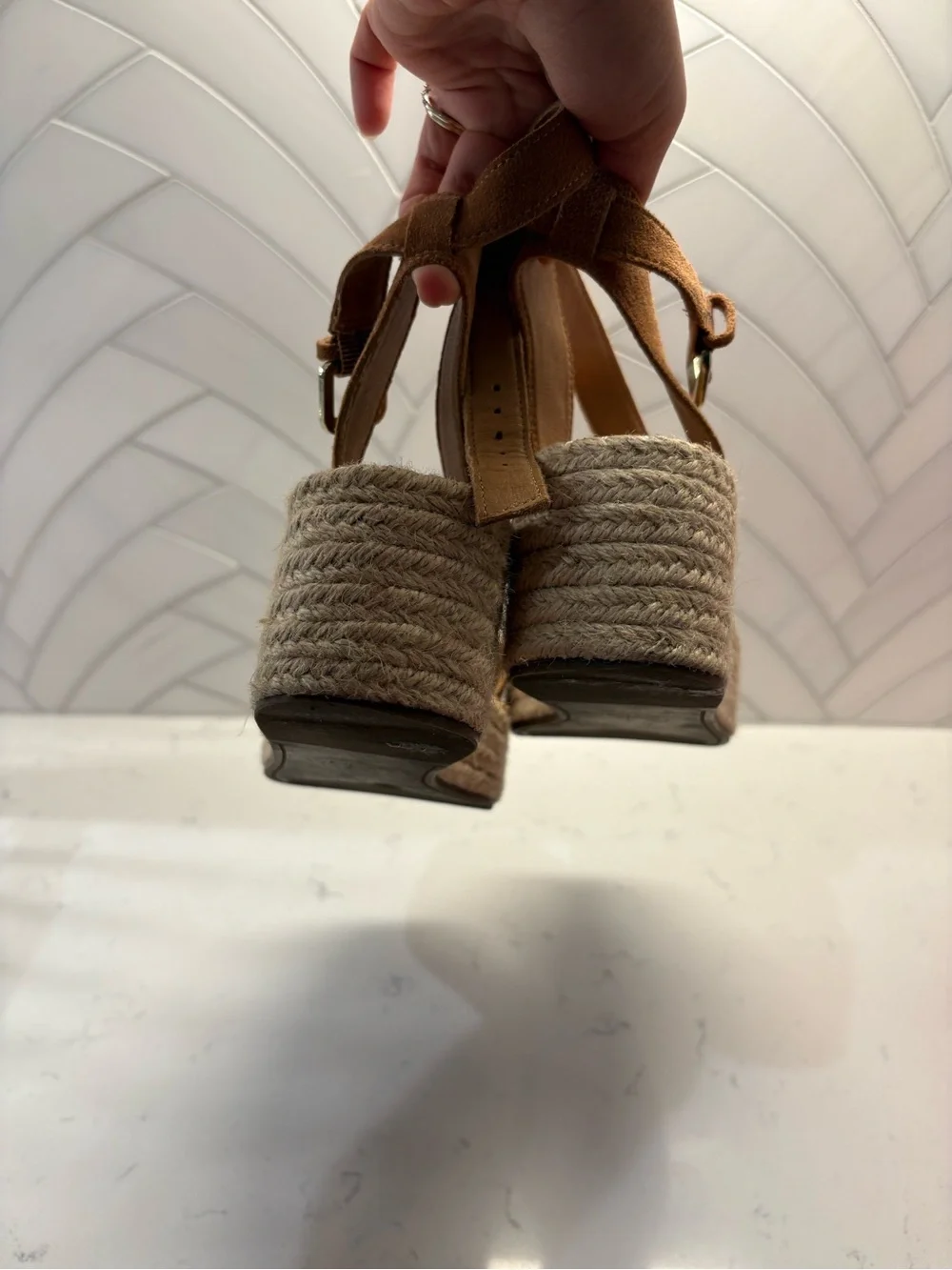 Crown Vintage Tan Suede Floral Cutout Espadrille Wedge Sandals